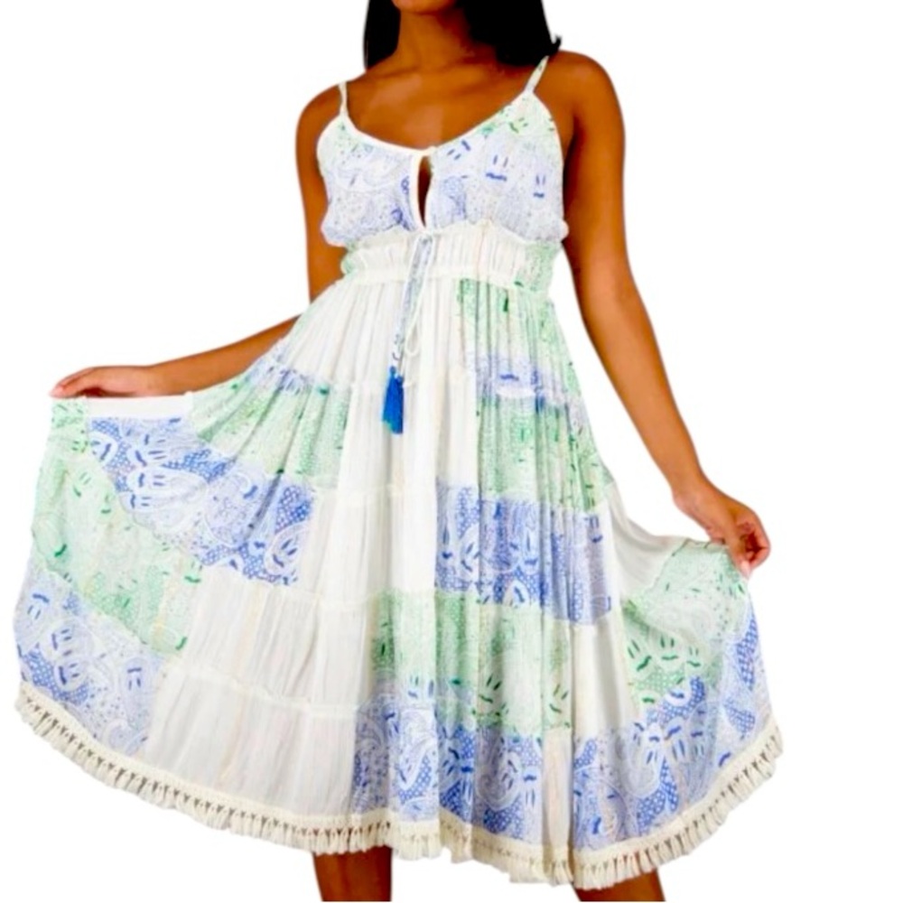 Serenity Sands Boho Patchwork Midi Dress made in India w Tassels & Fringe 24959